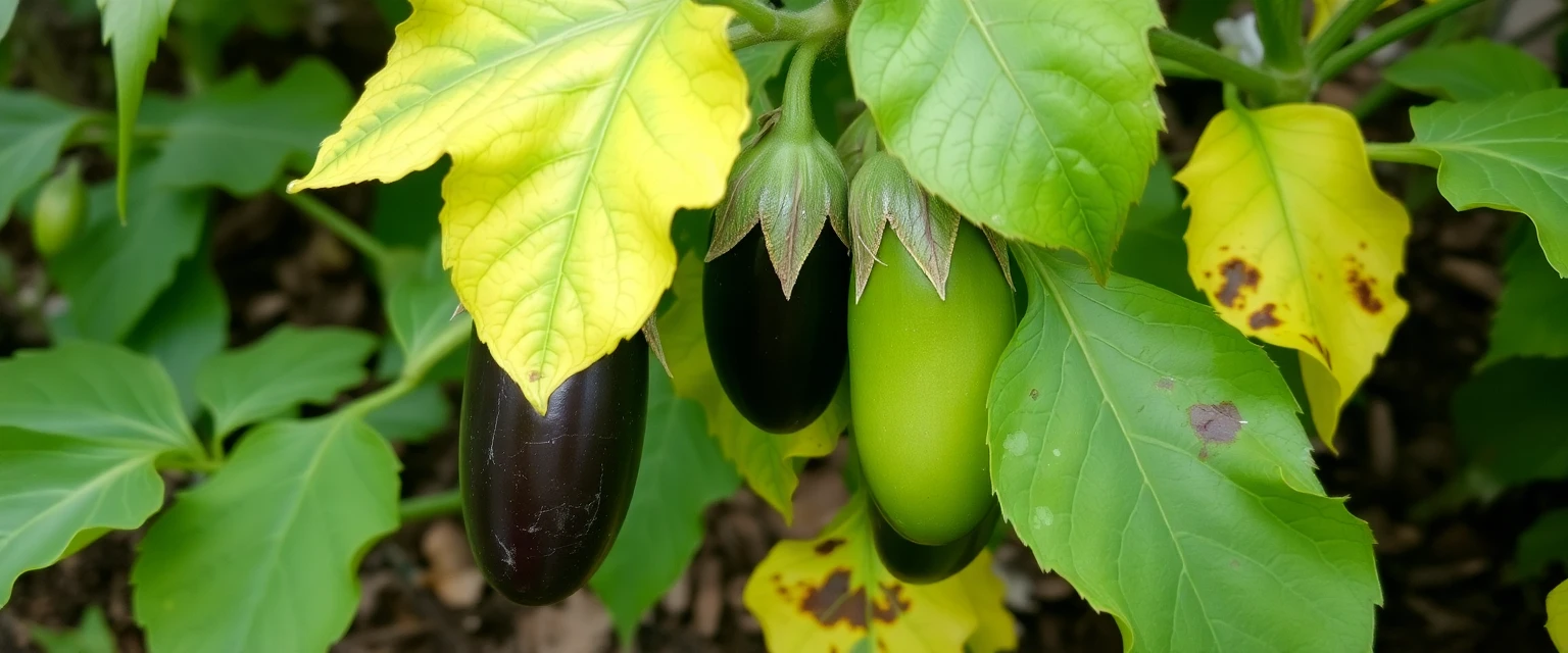 Planta de berenjena con hojas amarillentas y marchitas debido a la verticilosis